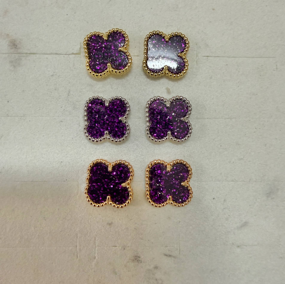 Designer Four Leaf Clover Stud Earrings Purple Glitter Inlaid Gold Border Elegant Womens Fashion Jewelry Party Daily Wear Ear Ornaments
