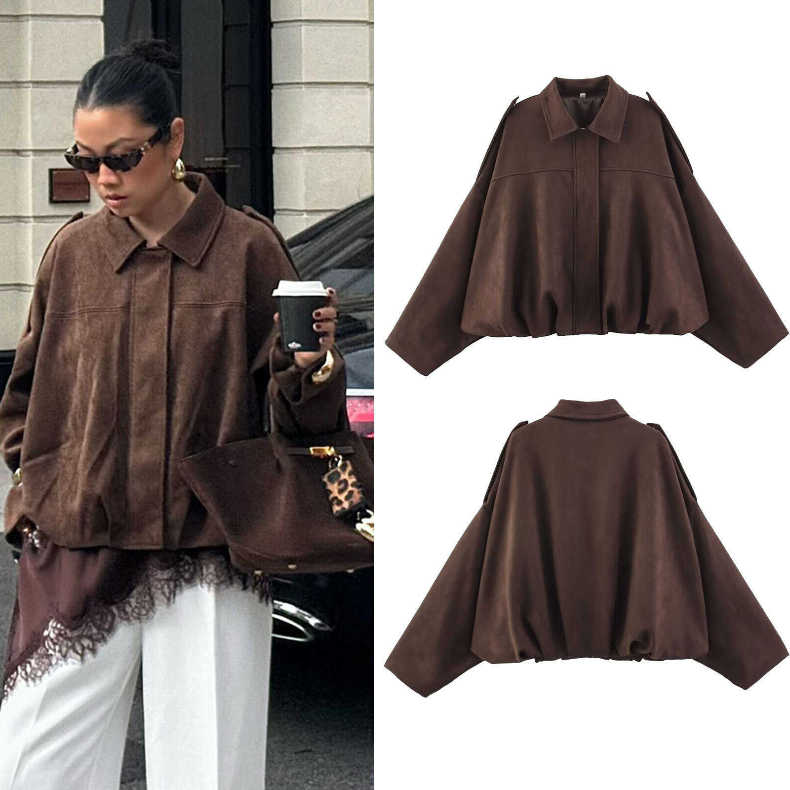 Strt Women's Solid Loose Suede Texture Coats Causal Long Bat Lapel Zipper Fly Winter Jackets Jacket Wo Coat Style S260915248U