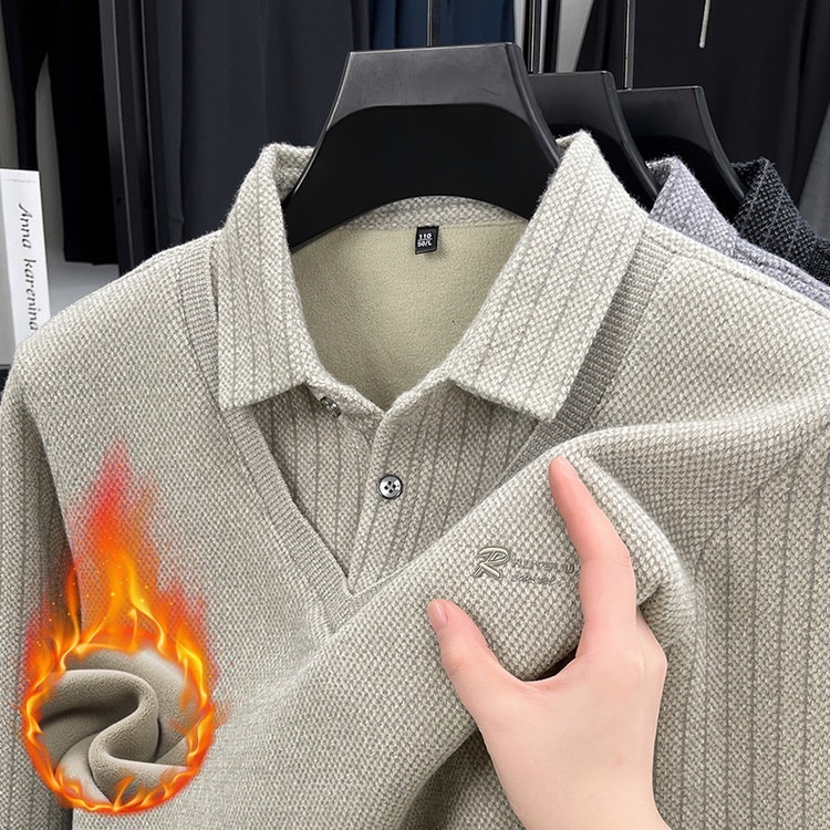 Designer Ferret Fur Winter Men's Fleece Lined Thickened Fake Two Piece Long Sleeve Polo Casual Middle Aged and Elderly Base Shirt Sweater for M