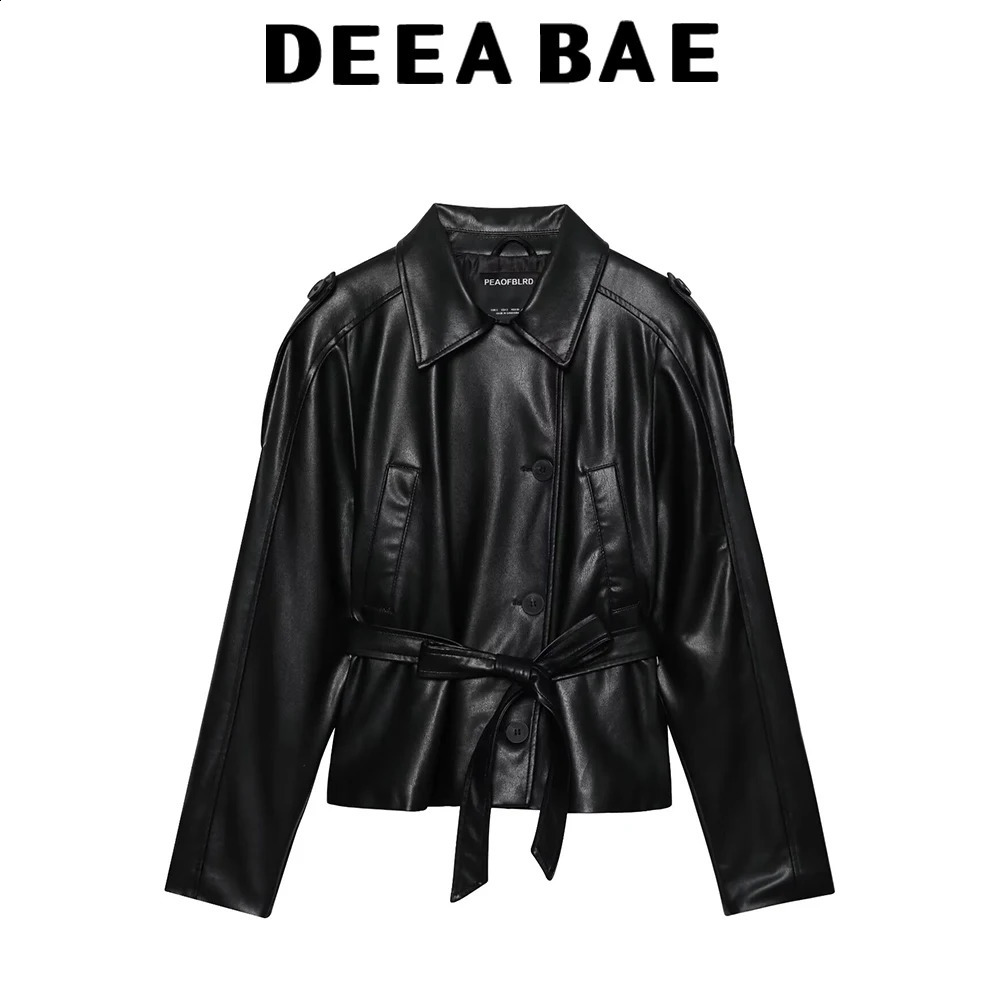 DEEABAE Autumn Women's Butterfly Tie Belt Pad Shoulder PU Leather Flipover Long Sleeve Short Wind Jacket 260910