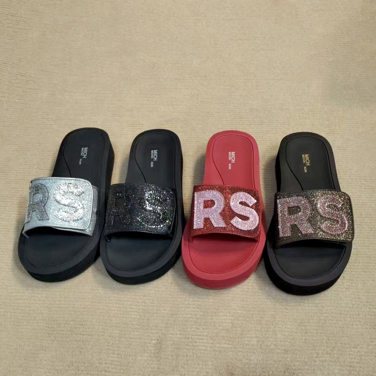 High quality MK sandal Mules Michaels flat open toe Glitter Home shoe luxury Slide Womens Flat Glittered Beach pool Slippers Summer casual Platform