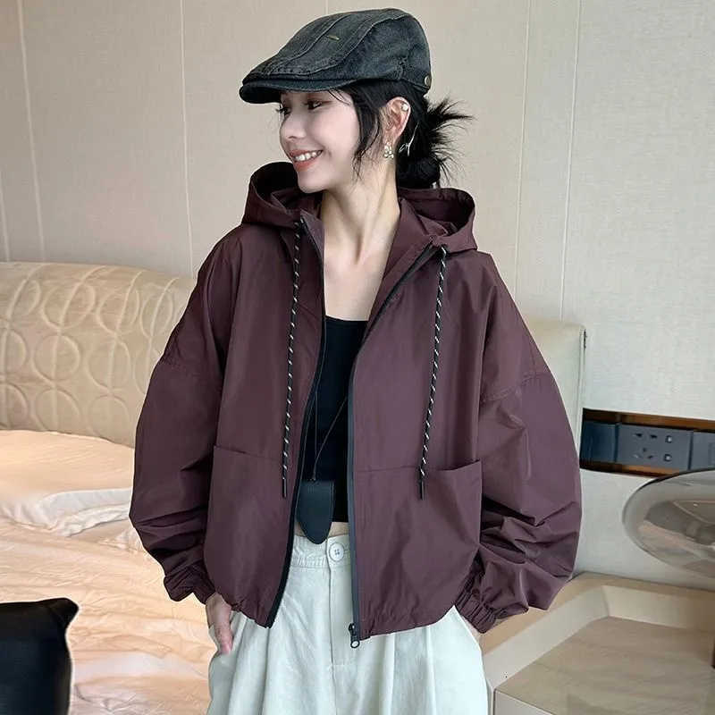 2025 Women New Hooded Jacket Autumn Casual Zipper Pockets Jackets Coats Female Long Windbreaker Jacket S260915EFBA