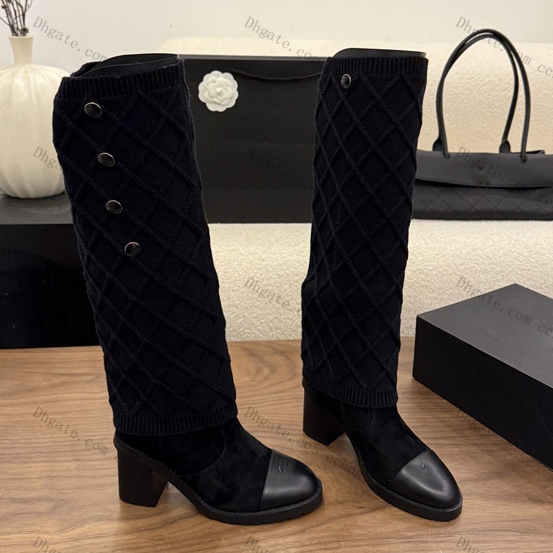 boot shoe heel Designer Luxury tall knee high winter suede leather block platform beige woman snow fall walk casual classic brand quality box genuin