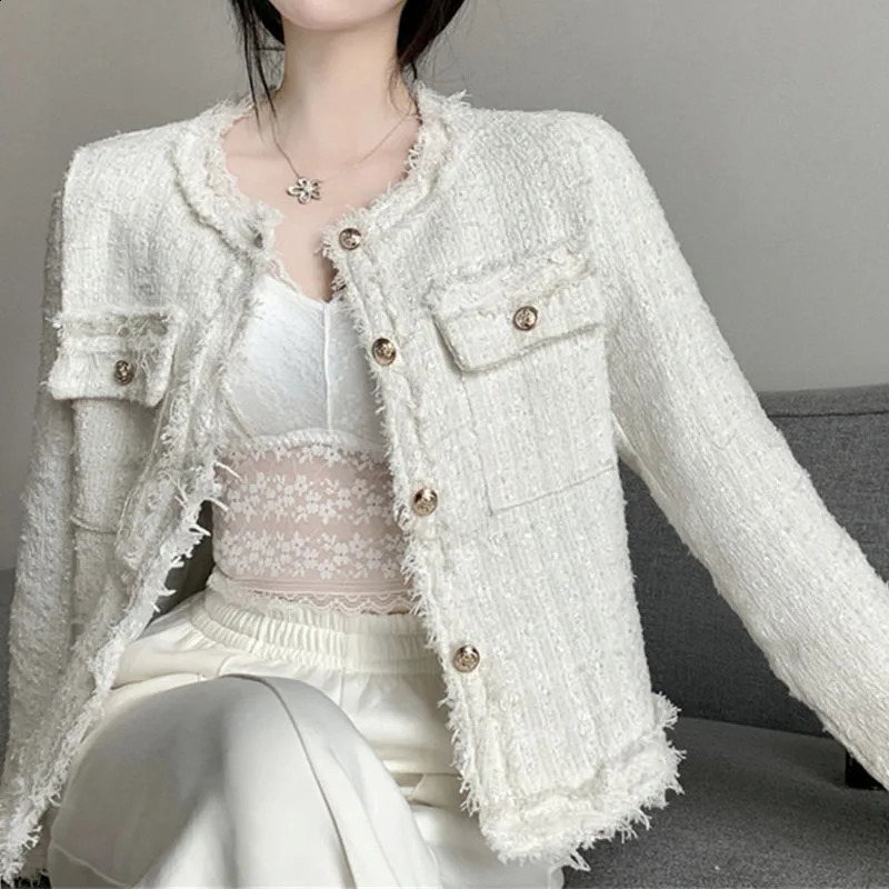 French White Tweed Crop Jacket for Women 2026 Autumn Elegant Slimming Decor Button Coat Woman Round Neck Long Sleeve Outerwear 260915