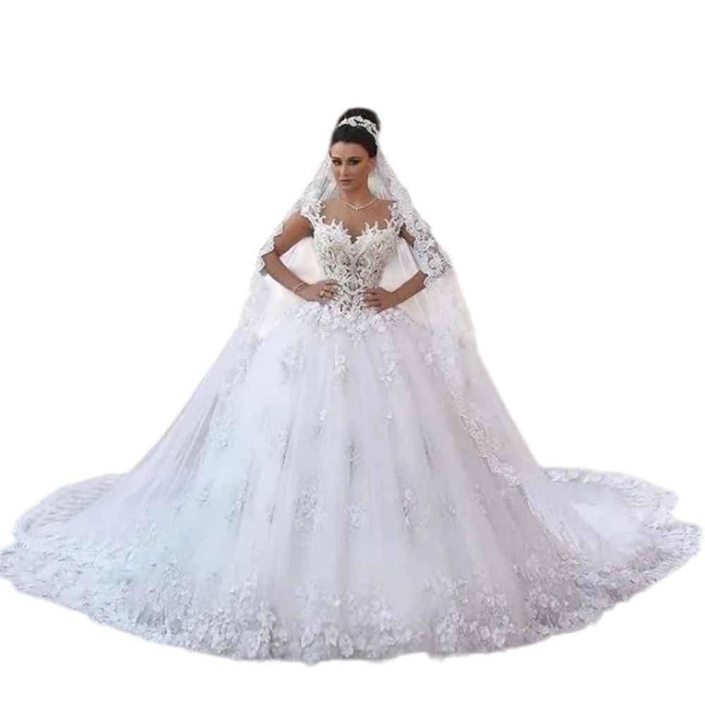 A Line Wedding Dresses Cap Sleeves Lace Appliques Crystal Beads vestido noiva de renda 3D Floral Cathedral Train Tulle Bridal Gowns Open Back Plus S