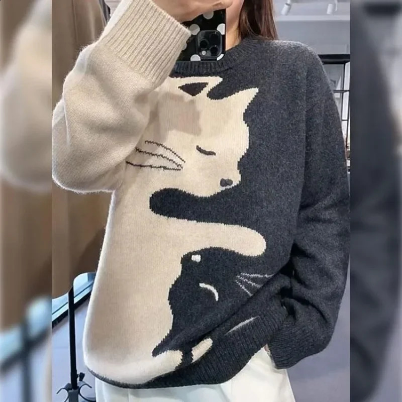 Women's Autumn Winter Animal Cat Kawaii Sweater Thick Long Sleeve Print Bottom Shirt Fashion Casual Versatile Knitting Lady Tops 260916
