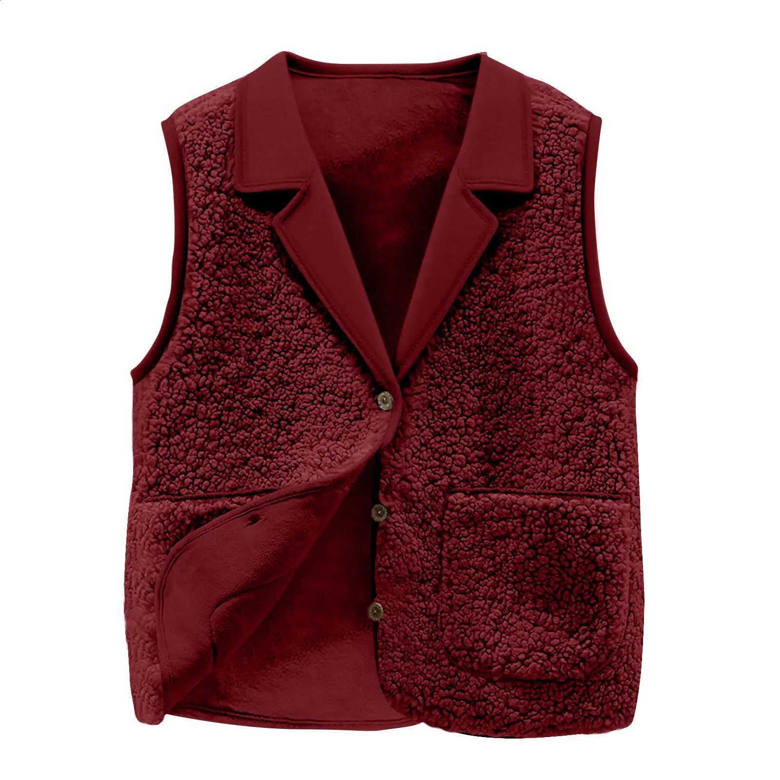 Lapel Women's Sherpa Fleece Vest Collar Button-Front Pockets Casual Warm Sleeveless Jacket Coat for Autumn WinterW260915