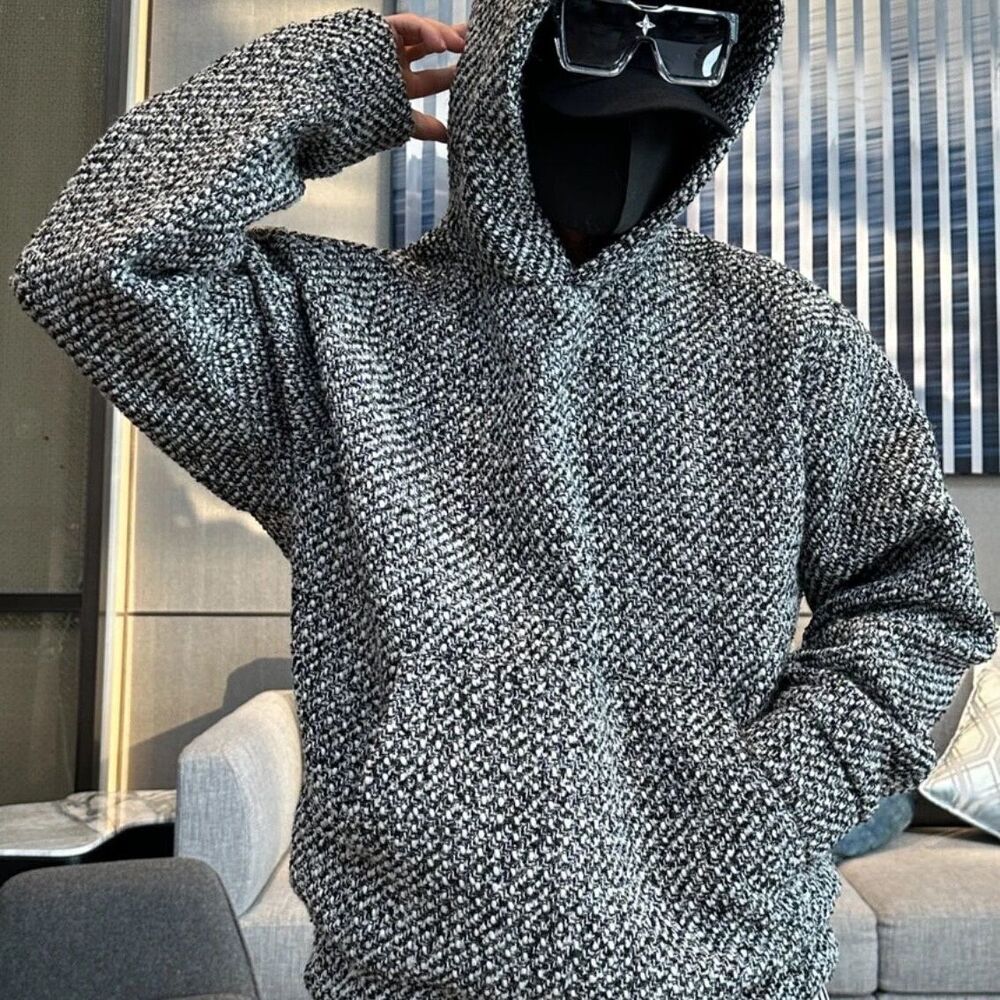 Heavy Tweed Loose Pullover Long Sleeve Top Y2K Cool New Trendy Retro Little French Style Hooded Sweatshirt for Men Autumn Winter