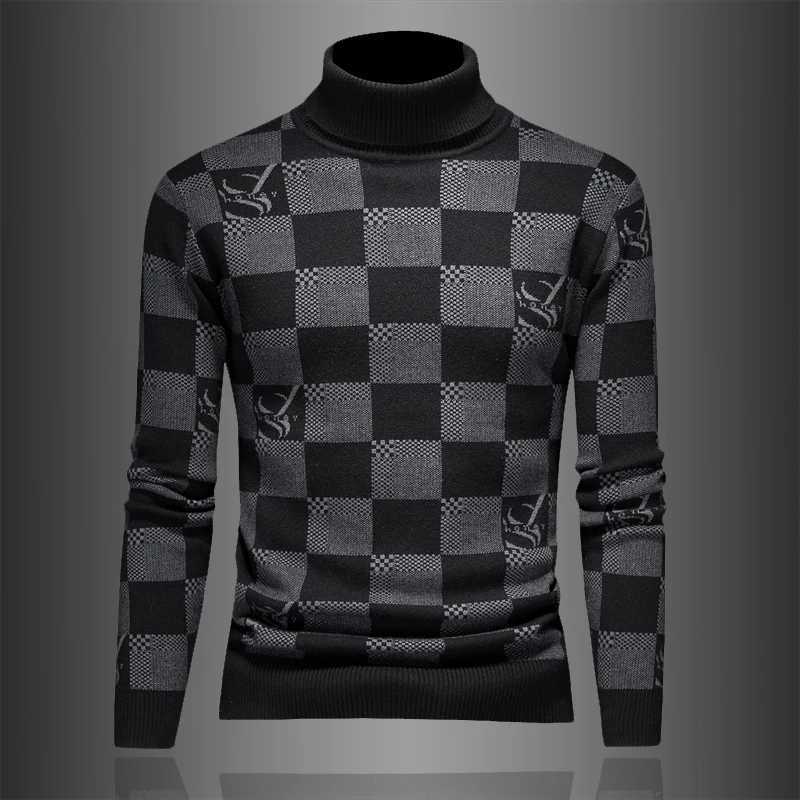 Minglu Autumn Winter Pullover Men's Sweaters Luxury Long Sleeve Turtleneck Plaid Jacquard Thicken Casual Male Q260915