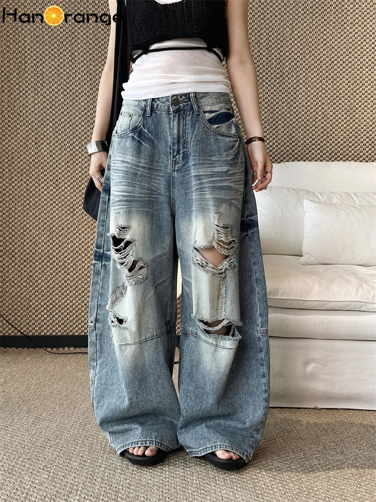HanOrange 2026 Early Autumn Moustache Effect Washed Ripped Wide Leg Jeans Women Vintage Streetwear Heavy-Duty Denim Pants Blue 260916