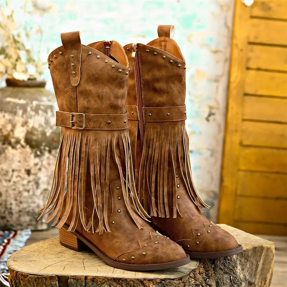 Winter Vintage Western Boots with Fringes Retro Comfy Walking Plus Size 43 Zip-up Mid-calf Tassel Cowboy Boots Women Shoes 260916