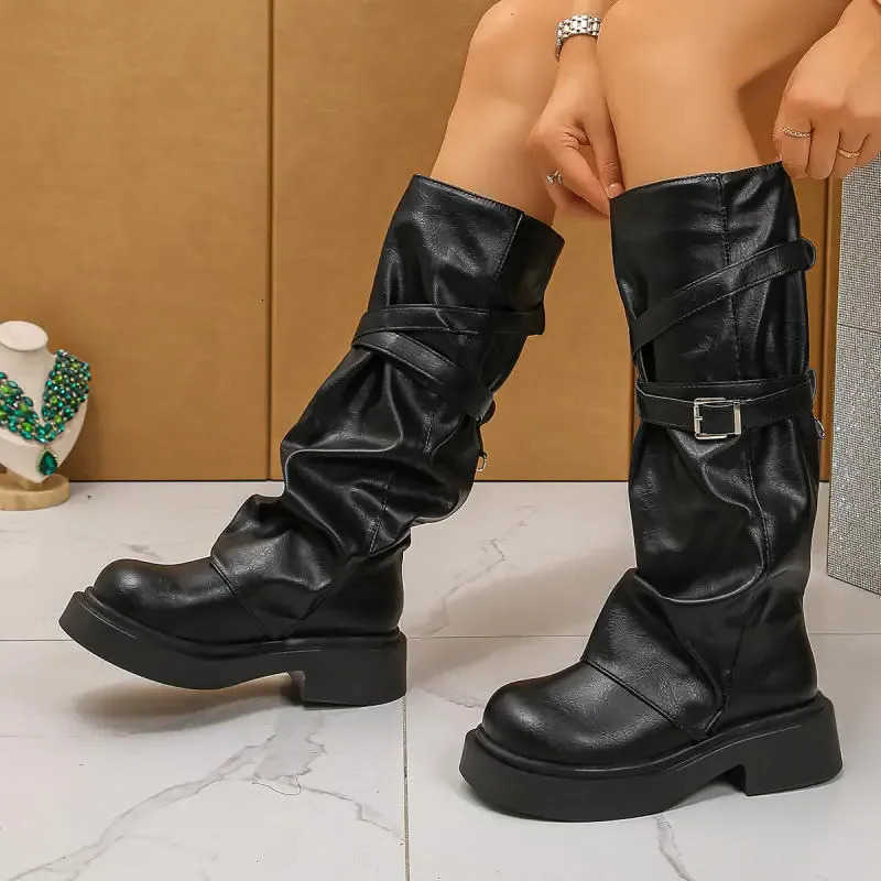 Long Y2K Chunky Platform Black Boots Women 2025 Winter Belt Mid Calf Boots Woman Pu Leather Thick Bottom Motorcycle Shoes D260916