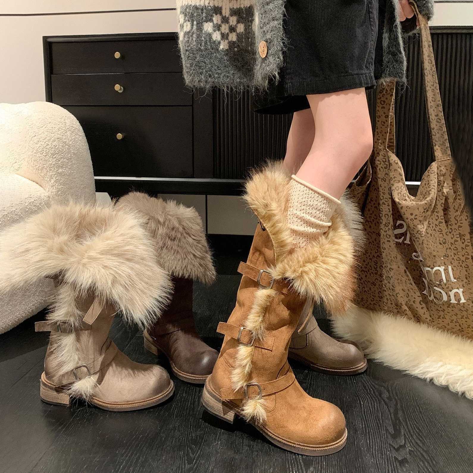 Tube Style Long Moscow Russian Snow Boots Women's Fleece Lined Warm Winter New fashion Fur Cotton Shoes Belt D260916