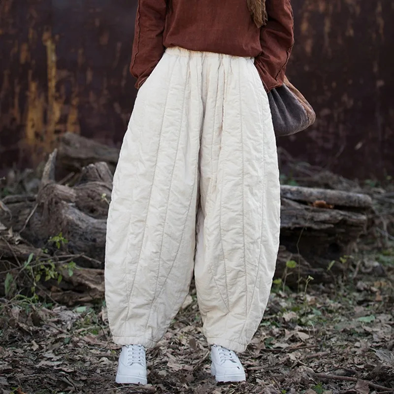 Thick Warm Casual Padded Pant Women Winter Vintage Style Solid Color Loose Female Quilted Cotton Linen Harem Pants M092 260916