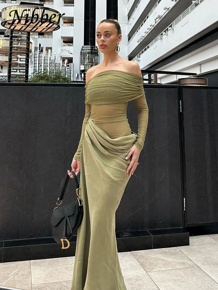 Nibber Sexy Dress Women Spring Patchwork Mesh Elegant Slash Neck Ruched Fit Chic Birthday Party Festival Vacation Vestidos 260916