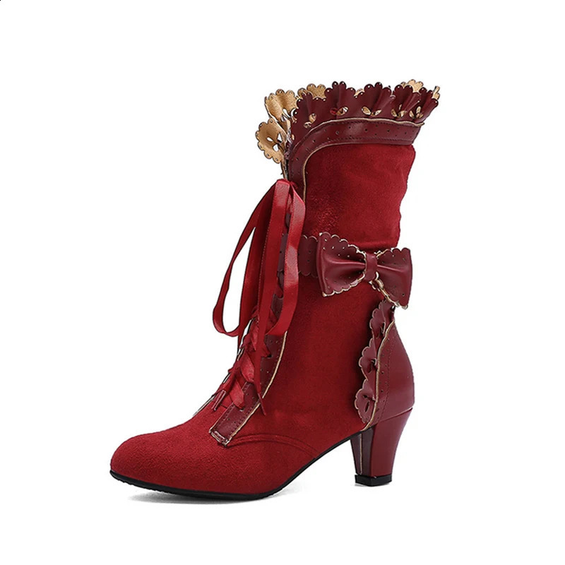 Womens Lolita Boots Autumn Winter Bow Lace Mid Calf Women LaceUp Cosplay Party Botines Ladies Shoes Chunky Heels WSH4715 260916