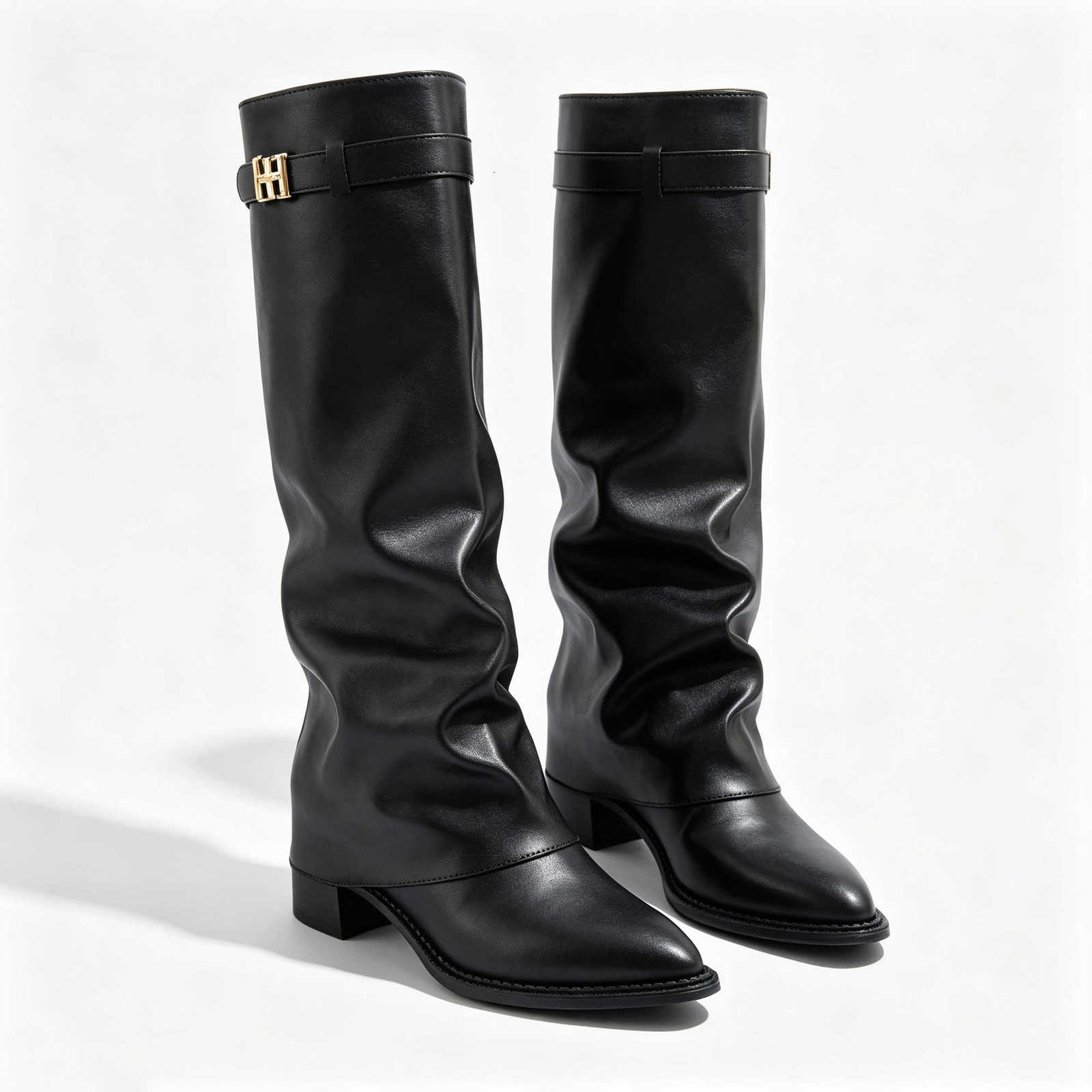 for Boots Detail Riding Women Black Knee High PU Leather Low Heel Casual Pull On Boots D260916