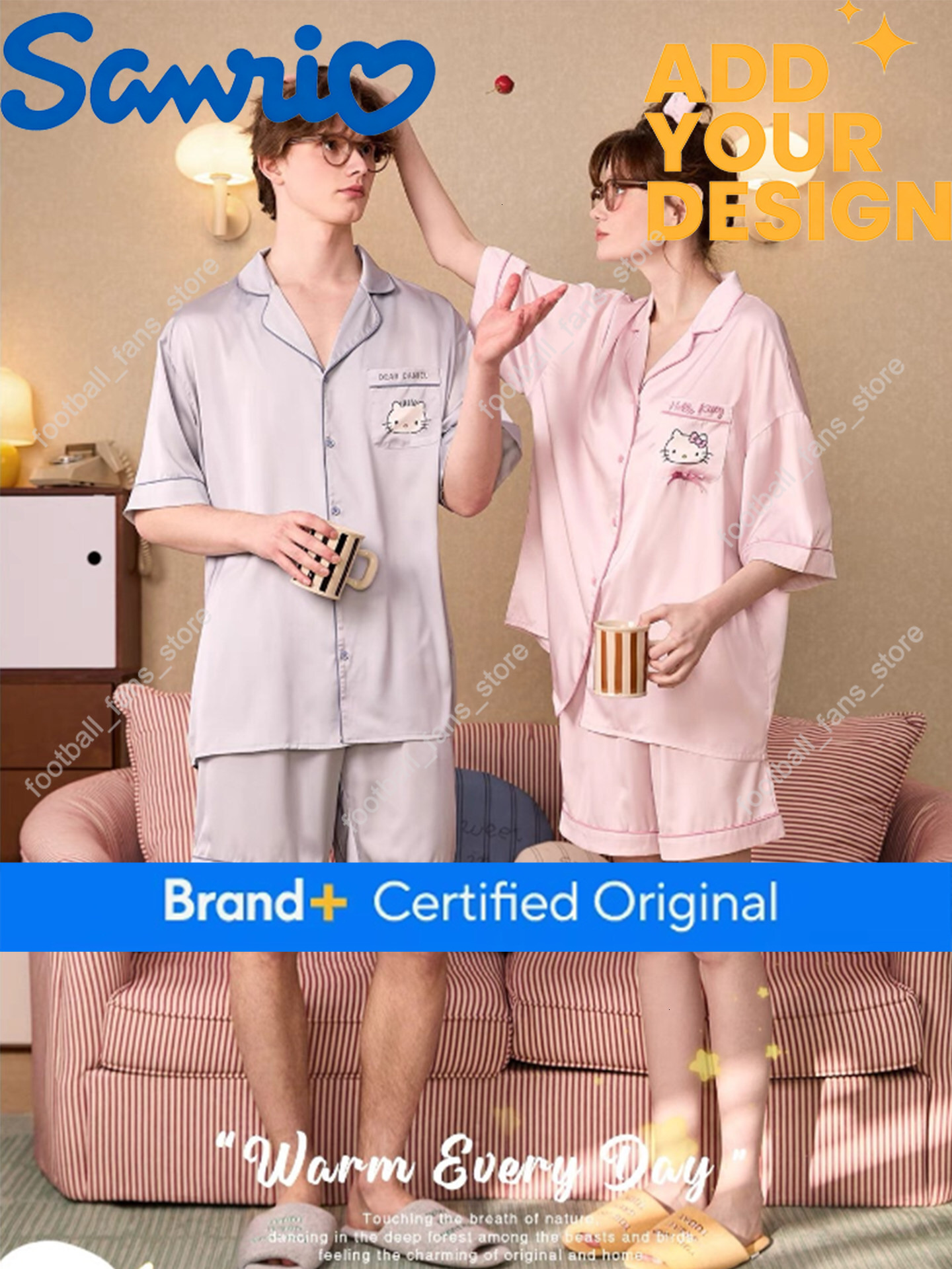 Kt Cat Couple Pajamas Summer Women's Ice Silk Set Sanrio Cool Men's Short-Sleeved Shorts Loungewear for Men