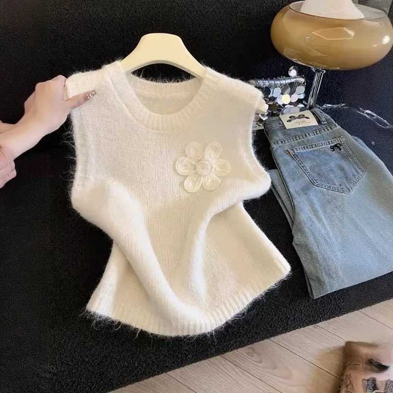 3d VEST NeCK Women's Round Knitted Flower Design Loose Layering Waistcoat Pullover Korean Warm Knitted SweatersW260915