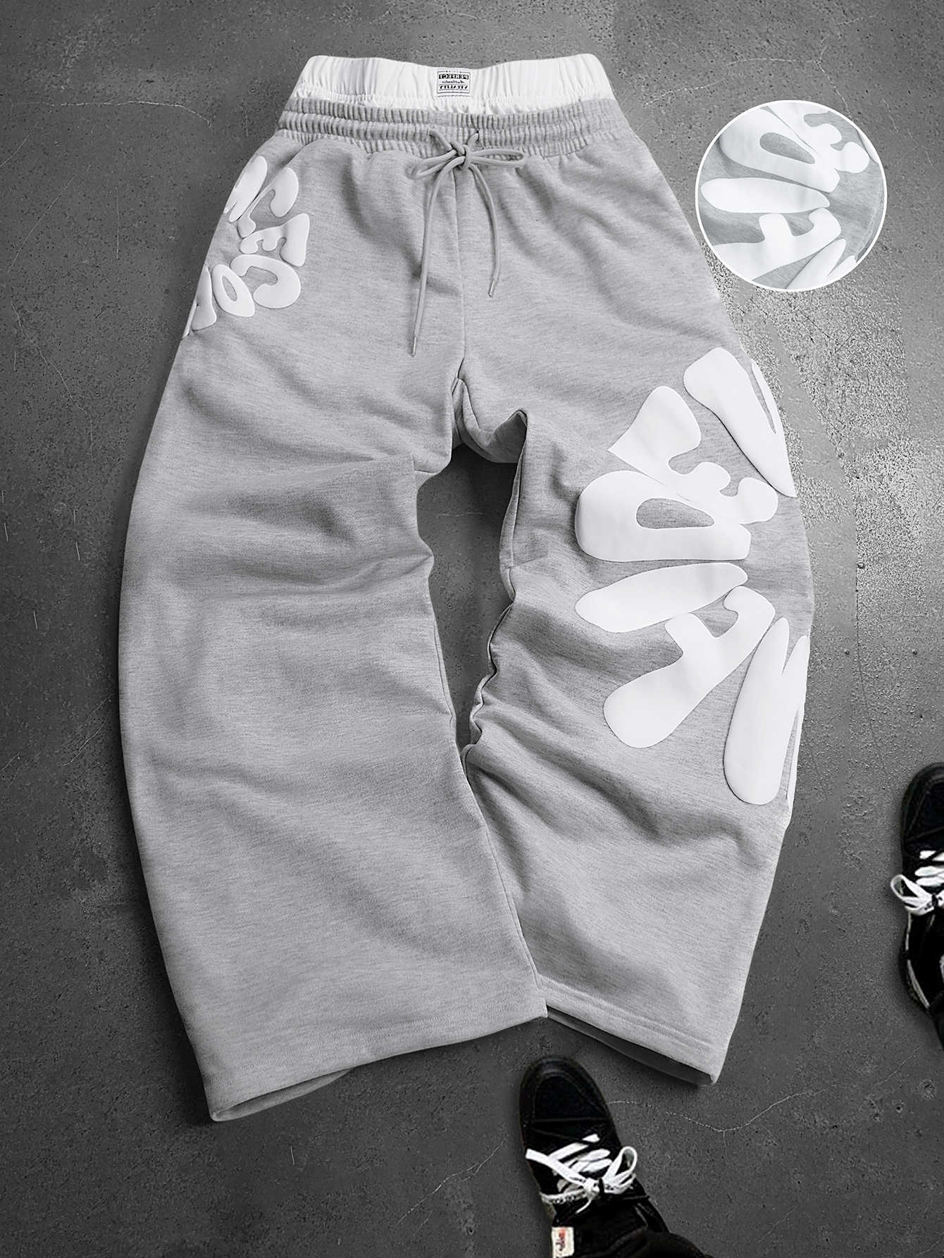 Men's Oversized Streetwear Sweatpants Brand Contrast Waist 3D Puff Letter Print Polyester Gray Multi Color Pants S-2XL All Size D260916