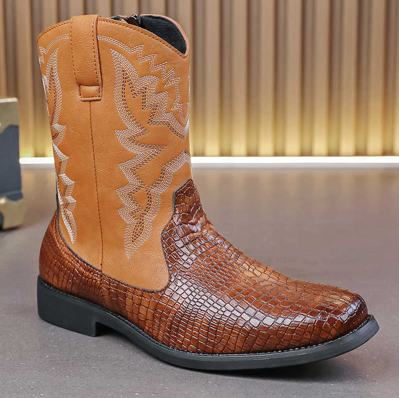 Vintage Men's - New Embossed Western Boots Embroidered Mid-Calf Style Zip-Up Daily Wear Boots for Fall/Winter D260916