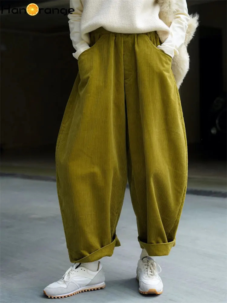 HanOrange 2026 Autumn Winter Lazy Arc Corduroy Wide Leg Pants Women Elastic Waist Loose Casual Comfortable Trousers Female 260916