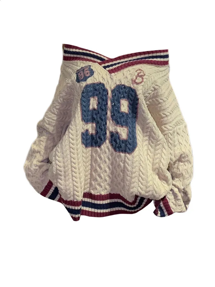 Oversized Korean Preppy Style Letter Print Loose Sweater Women Fashion V-Neck n Straight Top Autumn Winter Elegant Pullover 260916