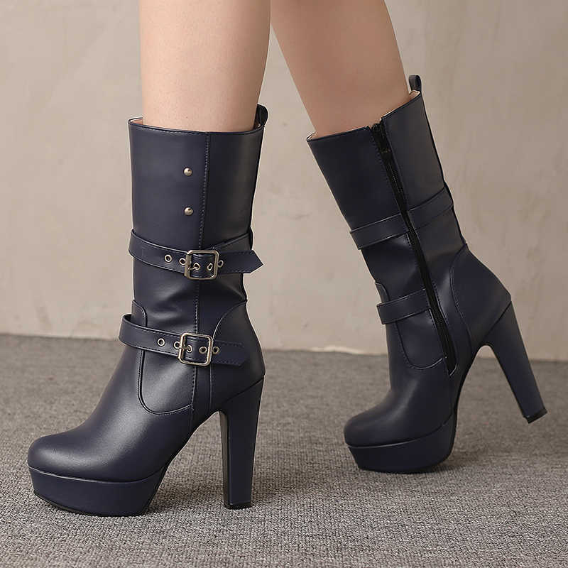 Size Metal Double Plus Row Platform Ultra-High Thick Heel Side Zipper Mid-Calf Boots Autumn New fashion Boots D260916