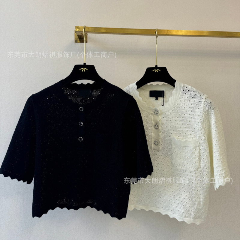 Designer Top-Grade Version, Early Spring New Collection: Solid Color, Simple, Hollow-Out, Round Neck, Knitted Short-Sleeve Top 414f