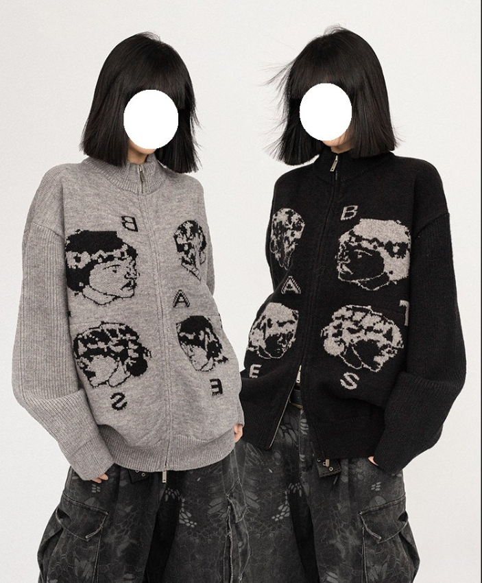 designer Vintage high-collar jacquard portrait design double zip knit jacket Casual stylish sweaters for men and women in autumn and winter