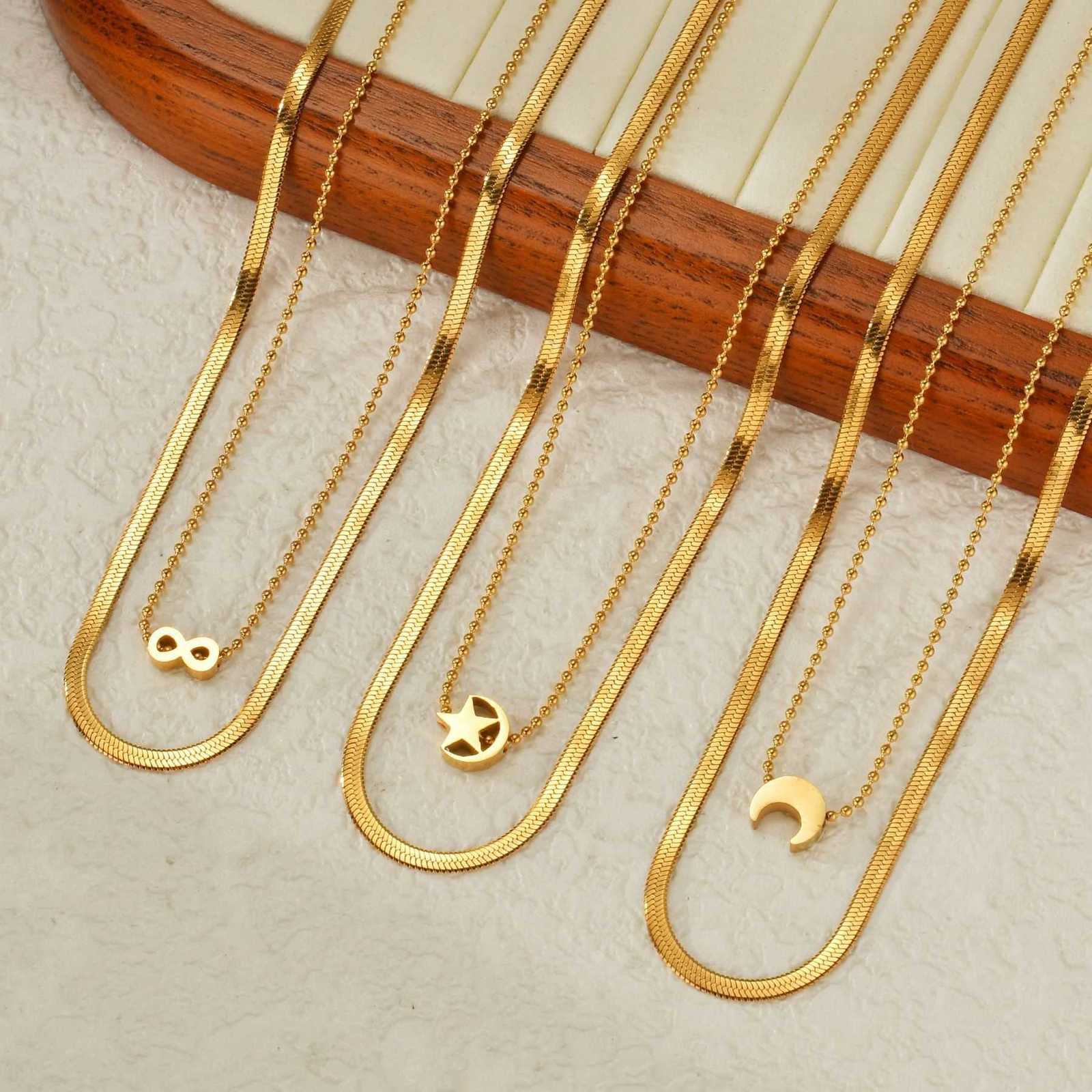 Fashion Gold Atoztide Color Double Layers Necklace For Women Stainless Steel Moon Star Pendant Blade Chain Jewelry AccessoriesT260916
