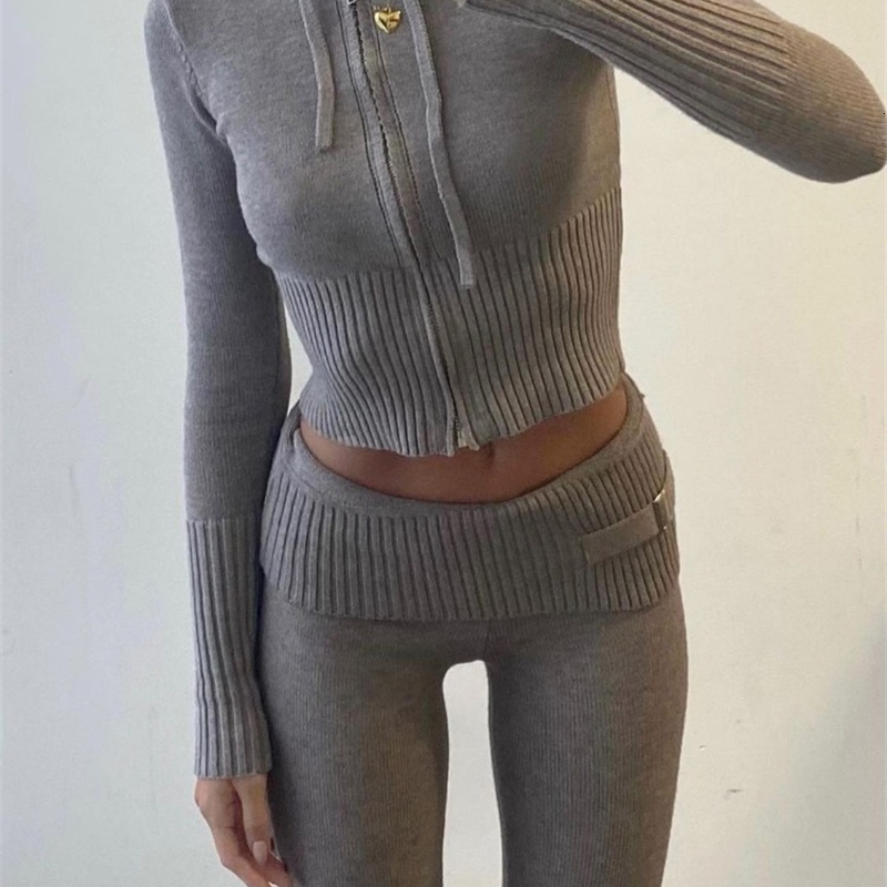 Tossy Knit Fashion 2 Piece-Set Trousers Hoodie Tracksuit Women Crop top Knitwear And Women's Pants Sets Female Trousers Outfits 260915