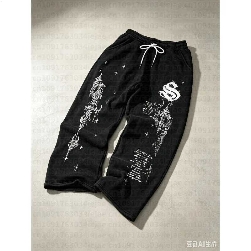 Men Kid Gothic Vertical Graphic Wide Leg Sweatpants Drawstring Loose Straight Baggy Y2K Dark Punk Streetwear Pants. X260915