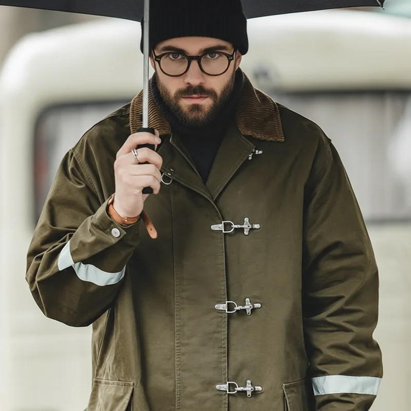 Maden Vintage Corduroy Turn-down Trench Coat for Men Autumn Dark Green Mid-length Jacket Men's Loose-fit Outerwear Streetwear 260916