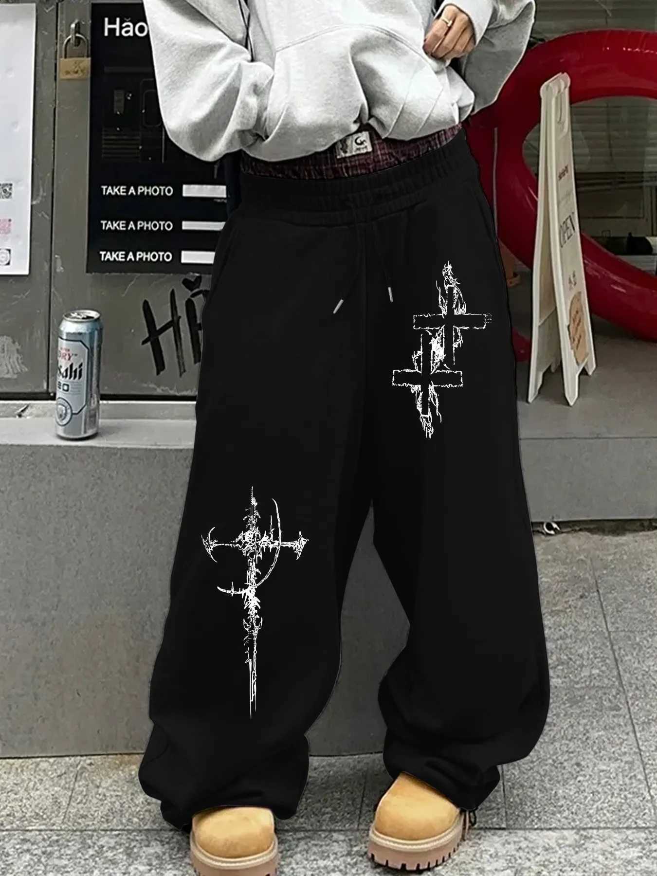 Men Cross Graffiti Print Straight Leg Sweatpants Trend Hip Hop Streetwear Drawstring Loose Trousers Soft Versatile Daily S-3XL D2609161