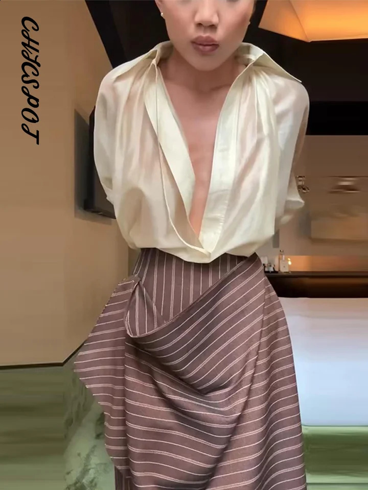 Ribbon V-neck Shirt Striped Asymmetrical Long Skirt Sets Women Sexy See Through Loose Blouse Tops High Waist Skirts Chic Outfits 260916