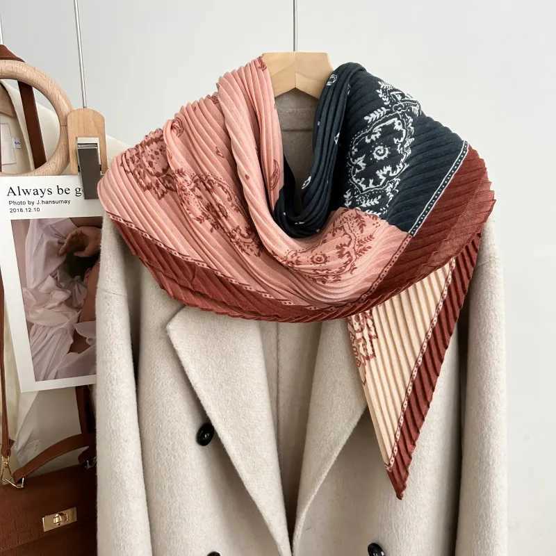 New High-end Miyake Pleated Large Square Scarf Simple Printed Bag Head Scarf Women's Warm Neck Protection Versatile Scarf Q260916