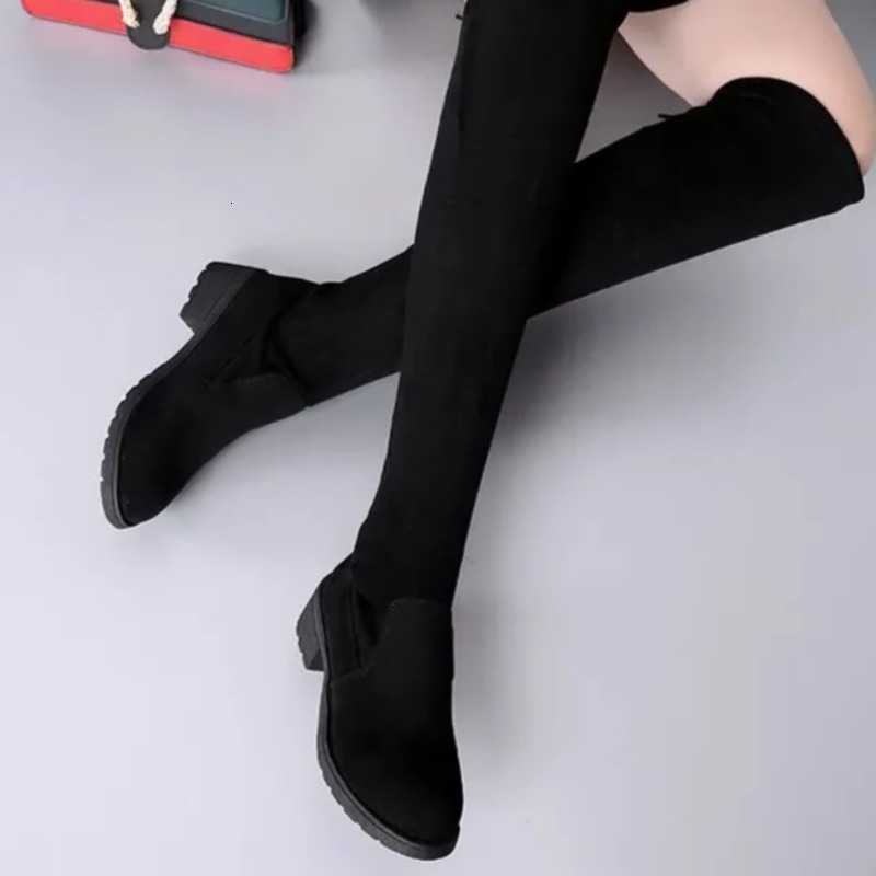 Over Women Boots Winter Black The Knee Boots 2024 New Comfort Lace Up Chunky High Heels Shoes fashion Warm Suede Round Toe Boots D260916