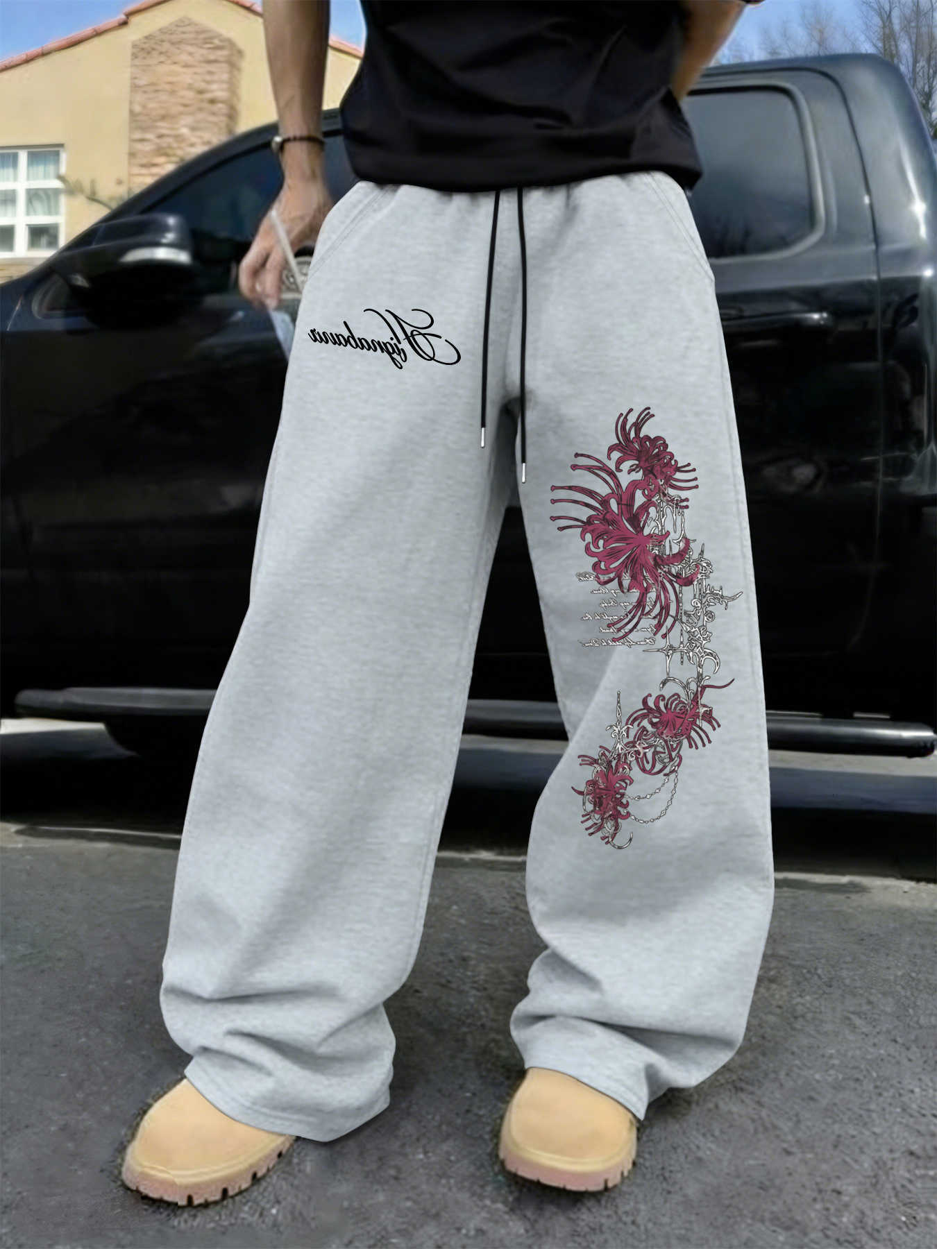 Men's Autumn Spider Lily Print Straight-Leg Sweatpants Casual Stylish and Versatile Suitable for Sports and Daily Wear D260916