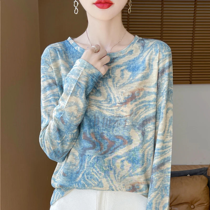 Spring And Autumn Thin Women's Round Neck Pullover Lazy Multi Style Retro Printed Mulberry Silk Long Sleeved Knitted Base Shirt 260916