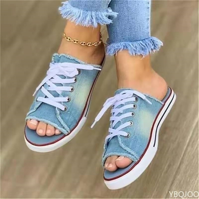 Fashion Women Canvas Sandals Breathable Summer Slippers Lace Up Open Toe Ladies Faux Denim Flat Shoes Zapatos Mujer 260915