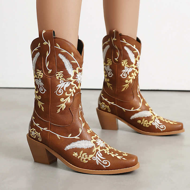 Microfiber Plus Leather Size Metal Upper Embroidered Thick Heel fashionable New Mid-Calf Boots Breathable Western Boots D260916