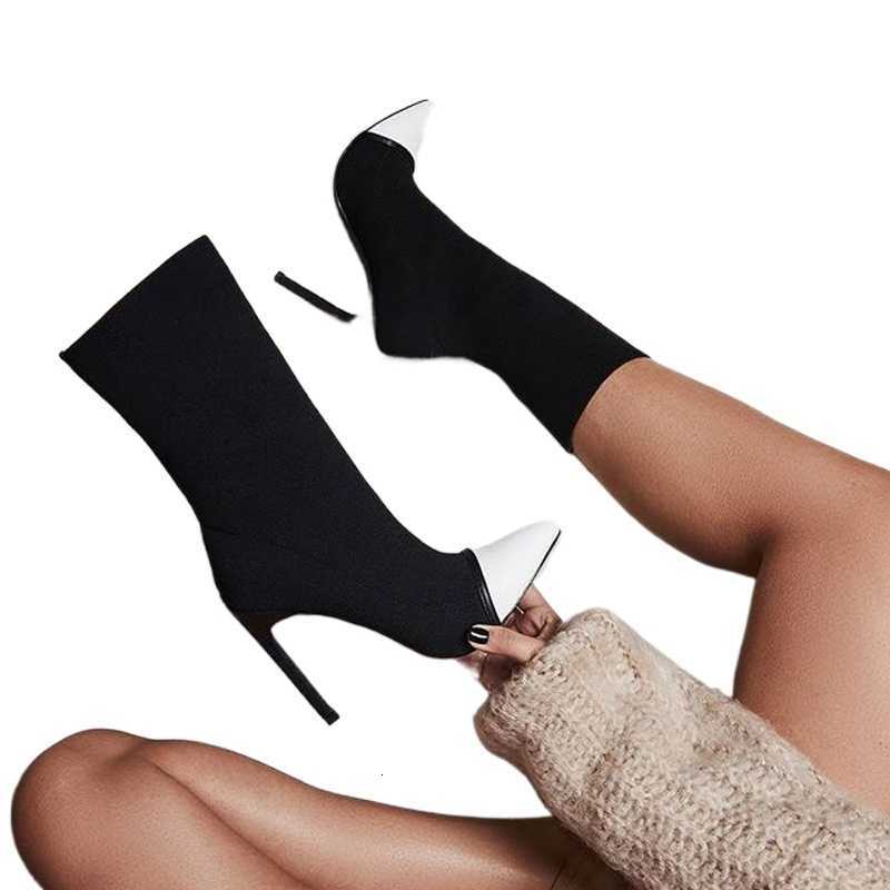 Stretch Fabric Short Ankle Aneikeh Boots Women Pointed Toe High Heels Slip On Sexy Sock Zapatillas Mujer D260916