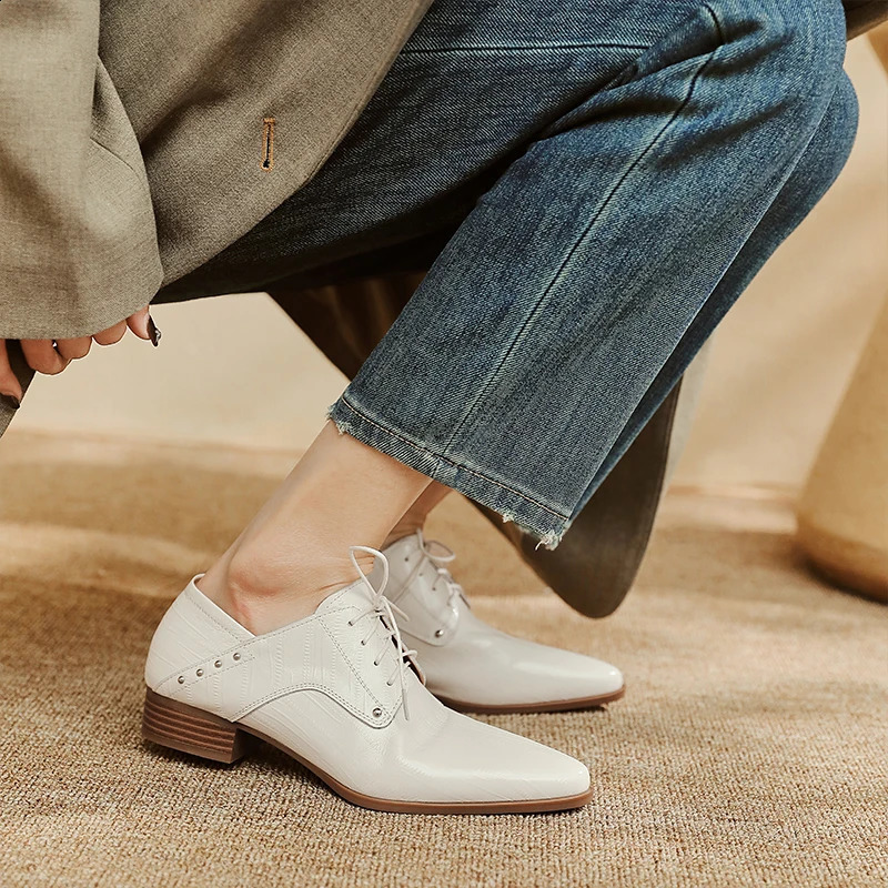 Classic Women Pumps Spring Autumn Office Ladies Casual Low Heels Comfortable Genuine Leather Lace-Up High-heeled Shoes Woman 260916