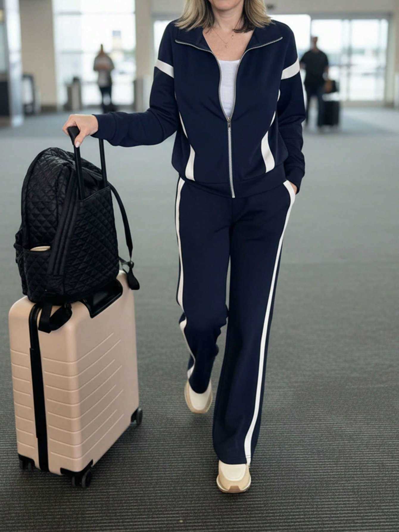 style Casual women's commuter set Comfortable and loose stitching contrast long-slved jacket top + striped contrast straight trousers two-piece