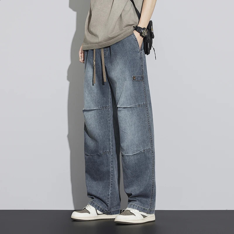 2026 Japanese Style Textured Grid Men's Jeans Plus Size Loose Straight Vintage Washed Casual Daily Denim Pants 260916