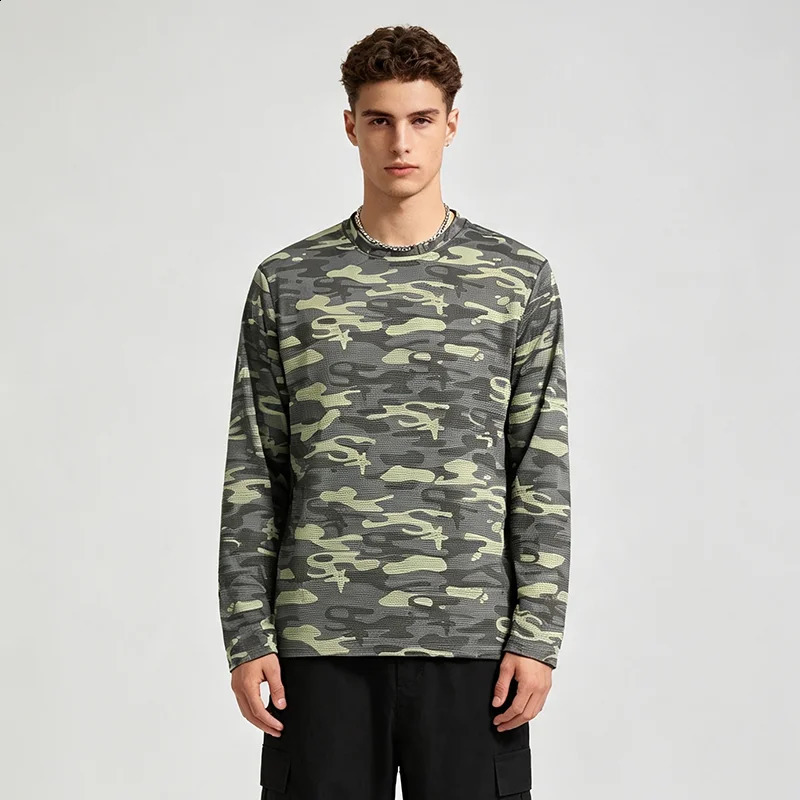 Mens Waffle Camouflage Pattern Long Sleeve Tshirt Round Neck Loose Top Street Wear Daily Lightweight Sports Basic Style Autumn 260916