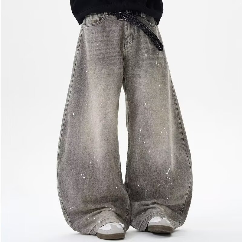 Spring and Autumn Retro Washed Vintage Grey Splash Ink Curved Knife Jeans for Men and Women Trendy American Street Loose P 260915