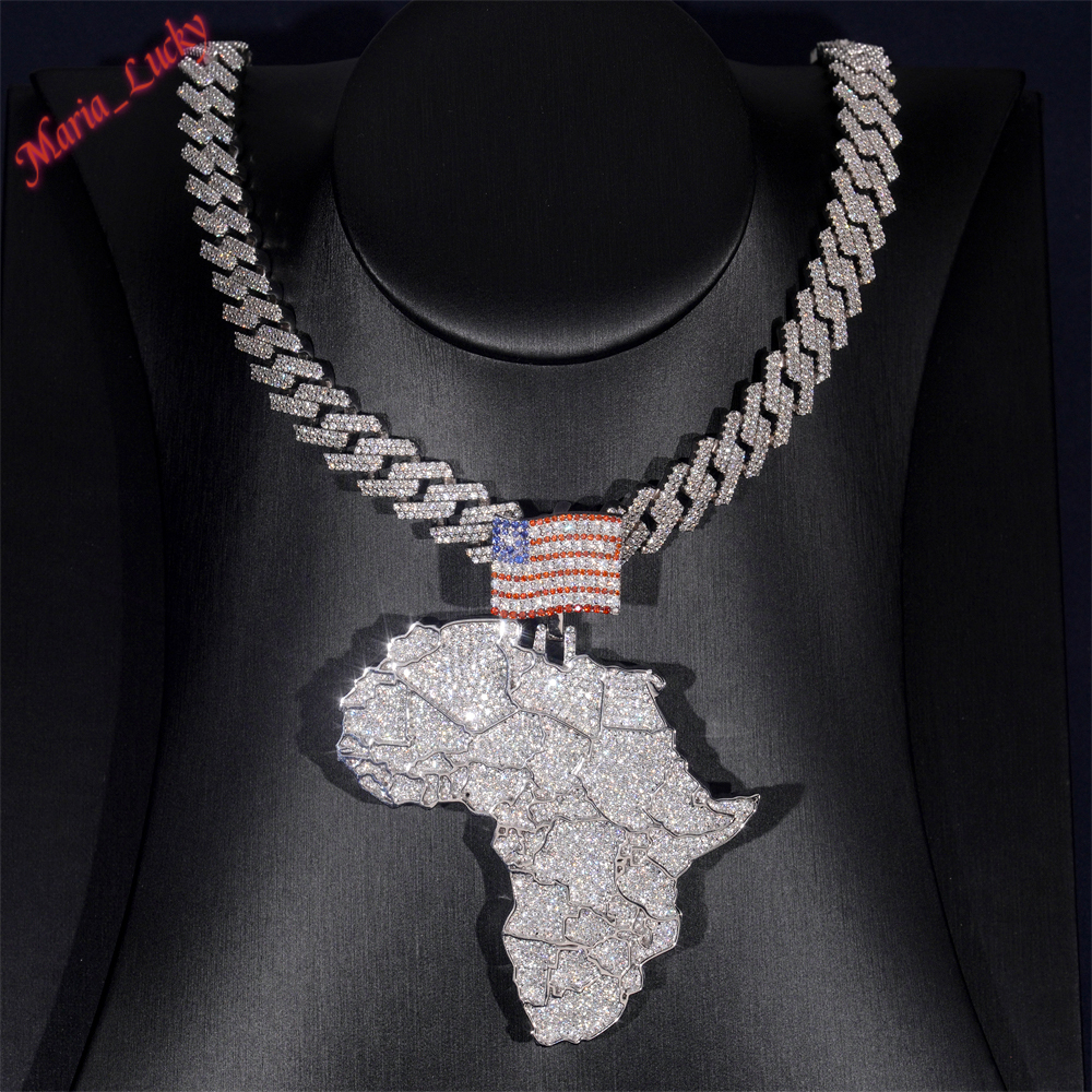 Hot Sale High Quality Ready Made Large Africa Map Moissanite Pendant 925 Silver Iced Out Hip Hop Charm Bold Statement Jewelry For Rapper Trendy Stre