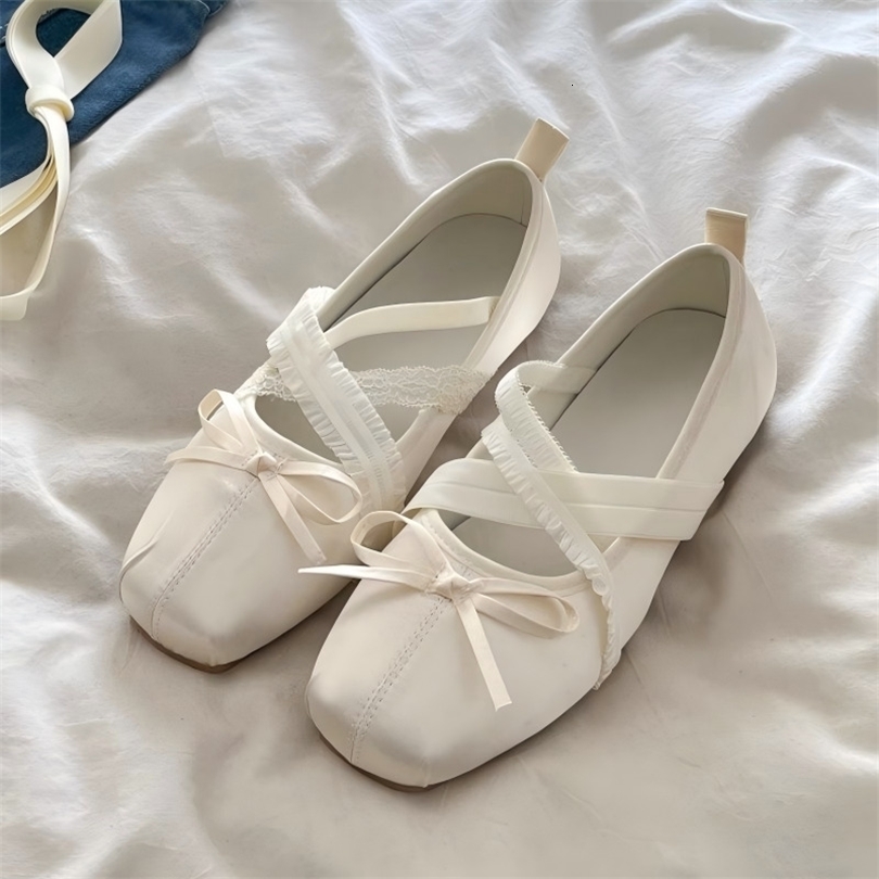 Balletcore Women Flats Bowknot Cross Strap Mary Janes Elegant Lace Ruffles Satin Ballet Shoes Sweet Fairy Office Lady Pumps 260915